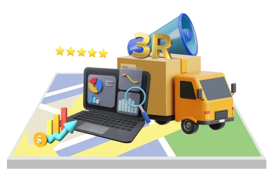 Método 3R com mapa, caminhão, notebook e análise de resultados