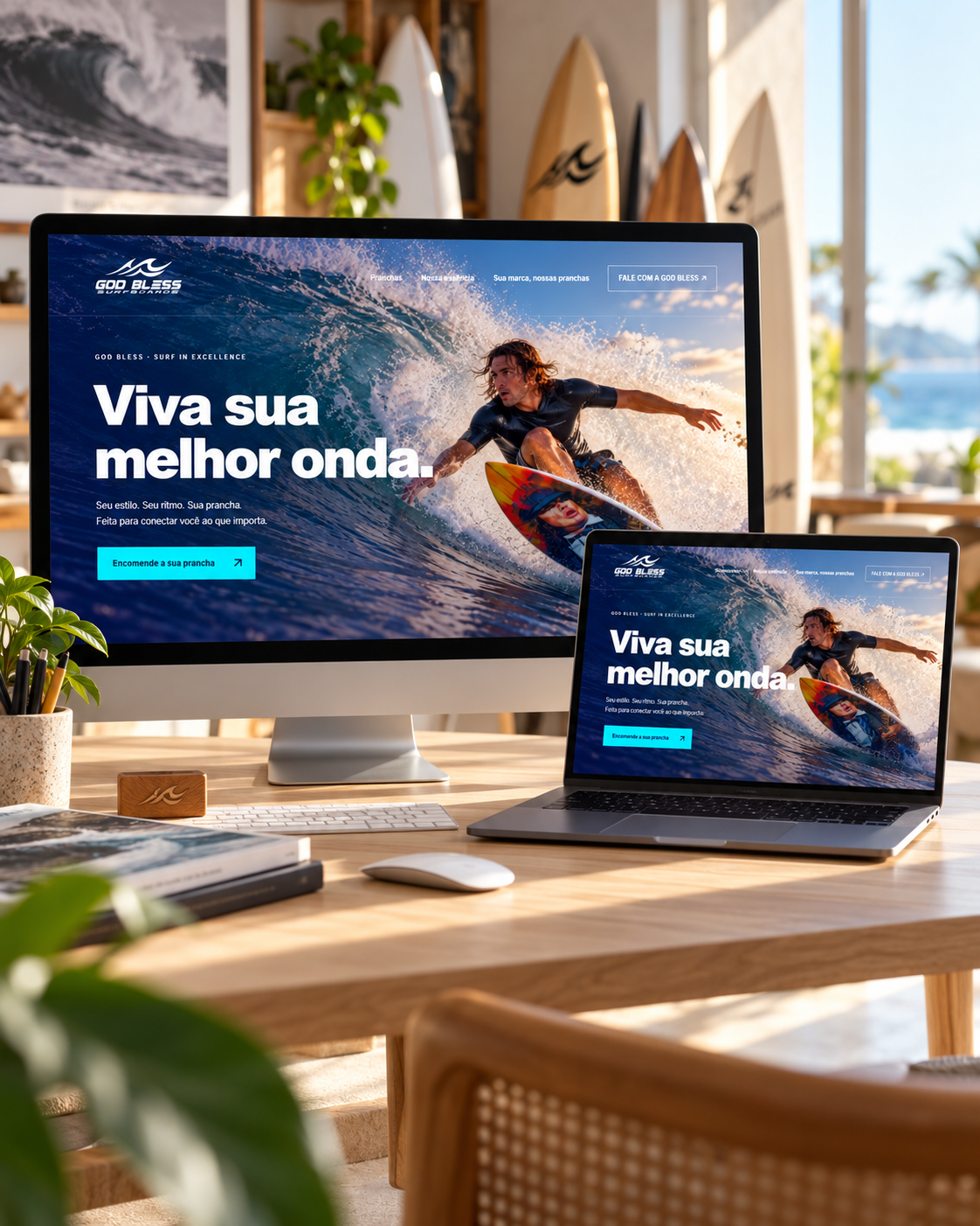 Mockup do site God Bless Surfboards — projeto de criação de sites da ZNK Marketing